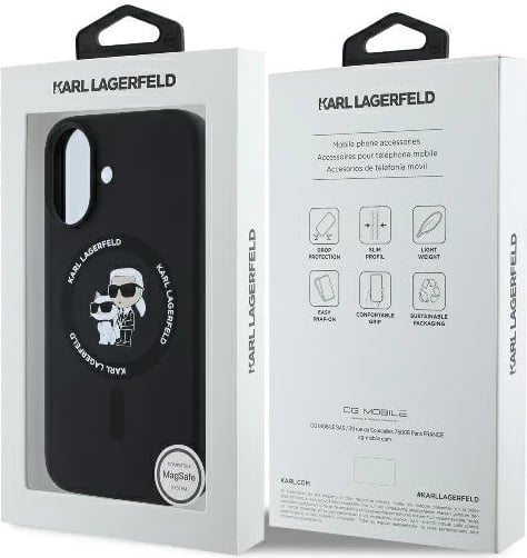 Mbështjellës Karl Lagerfeld Silicone KC Heads Ring MagSafe për iPhone 16 Plus, i zi