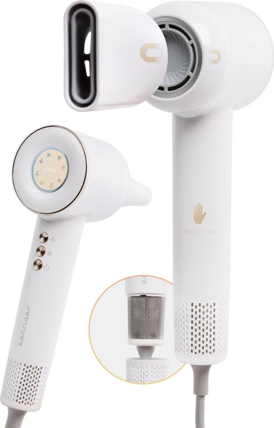 Tharëse flokësh Zehnder Flavia S1000B, 1600W, ekran LED, bardhë