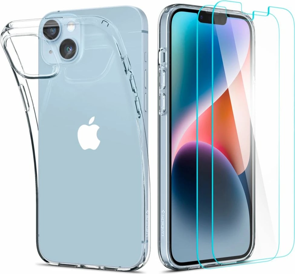 Mbështjellës Spigen Crystal me xham të temperuar për iPhone 14 Plus, Transparent, Set