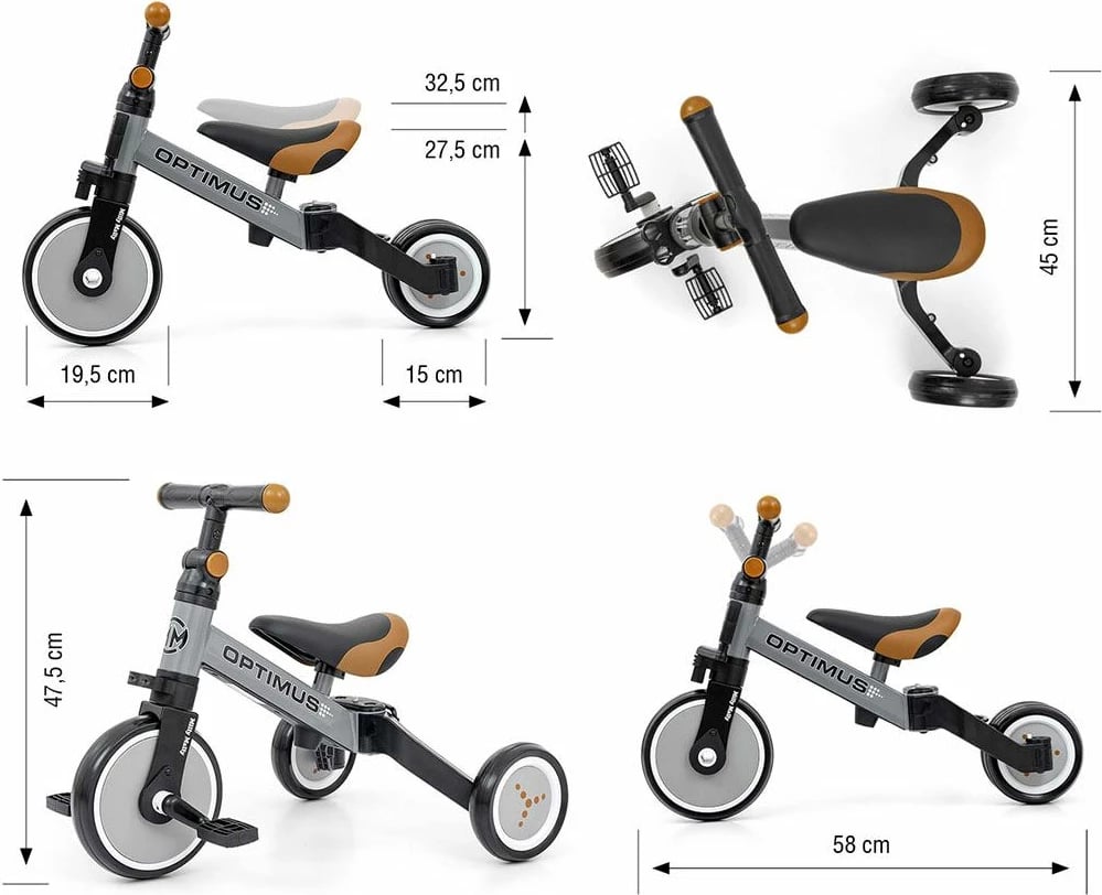 Tricikël 3-në-1 fëmijë, Milly Mally Optimus, me pedale të heqshme dhe rrota shkumë, deri 25 kg, gri
