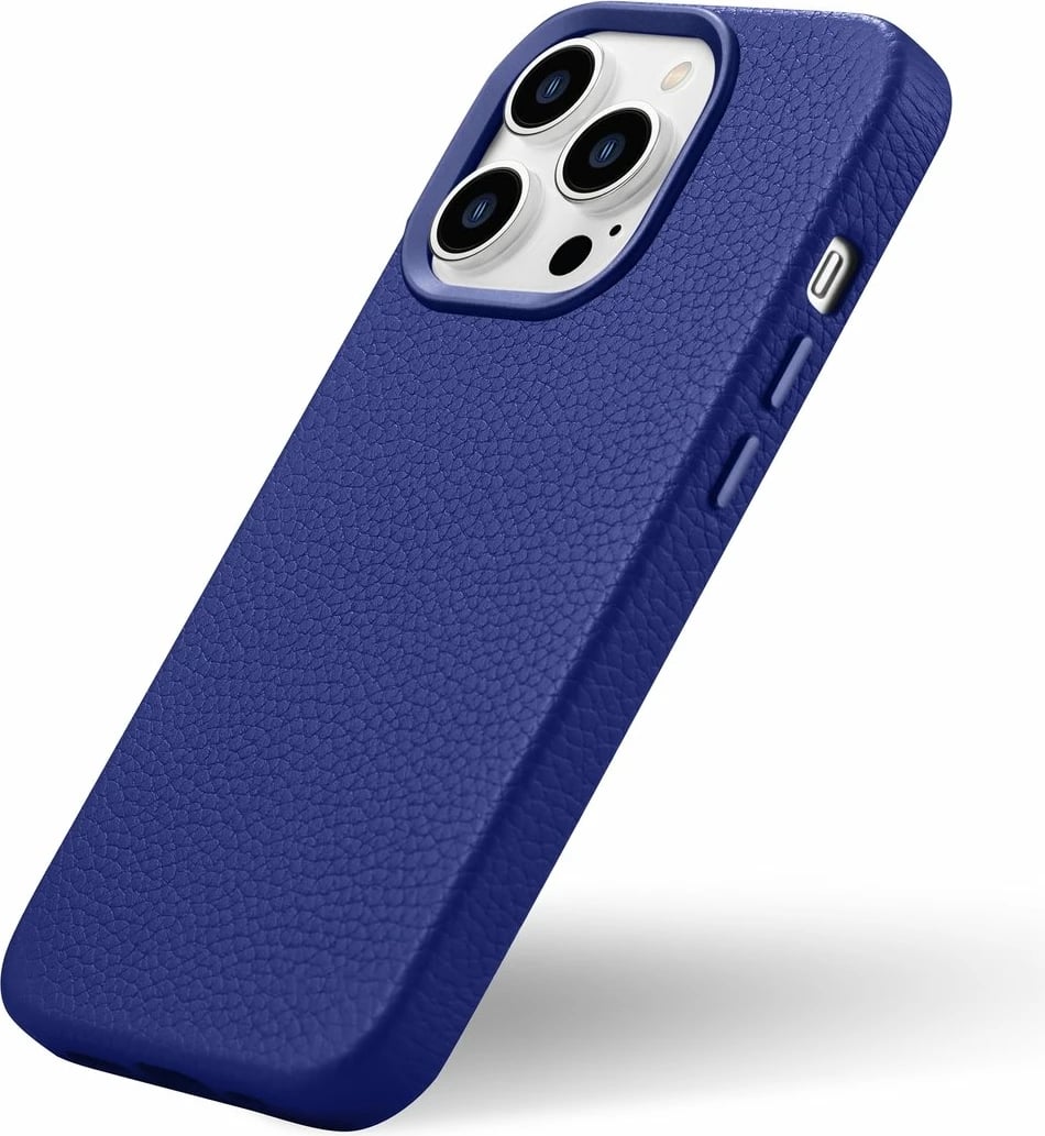 Mbështjellës iCarer Litchi Premium për iPhone 14 Pro, lëkurë natyrale, MagSafe, kaltër e errët