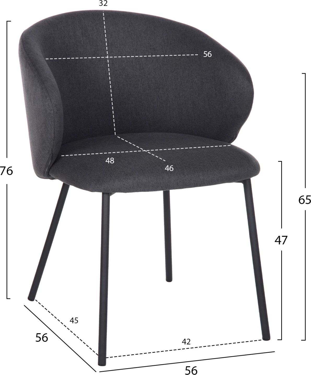 Karrige ngrënieje ISIAH FH9615.01, pëlhurë gri, këmbë metalike të zeza, 56x56x76H cm., set prej 2 copë