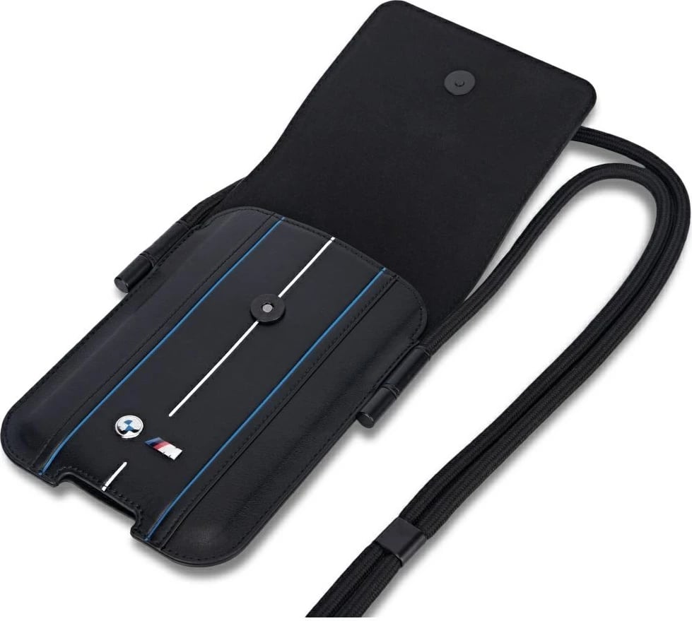 Mbështjellës BMW Phone Pouch Blue Stripes, për celular, lëkurë ekologjike, i zi