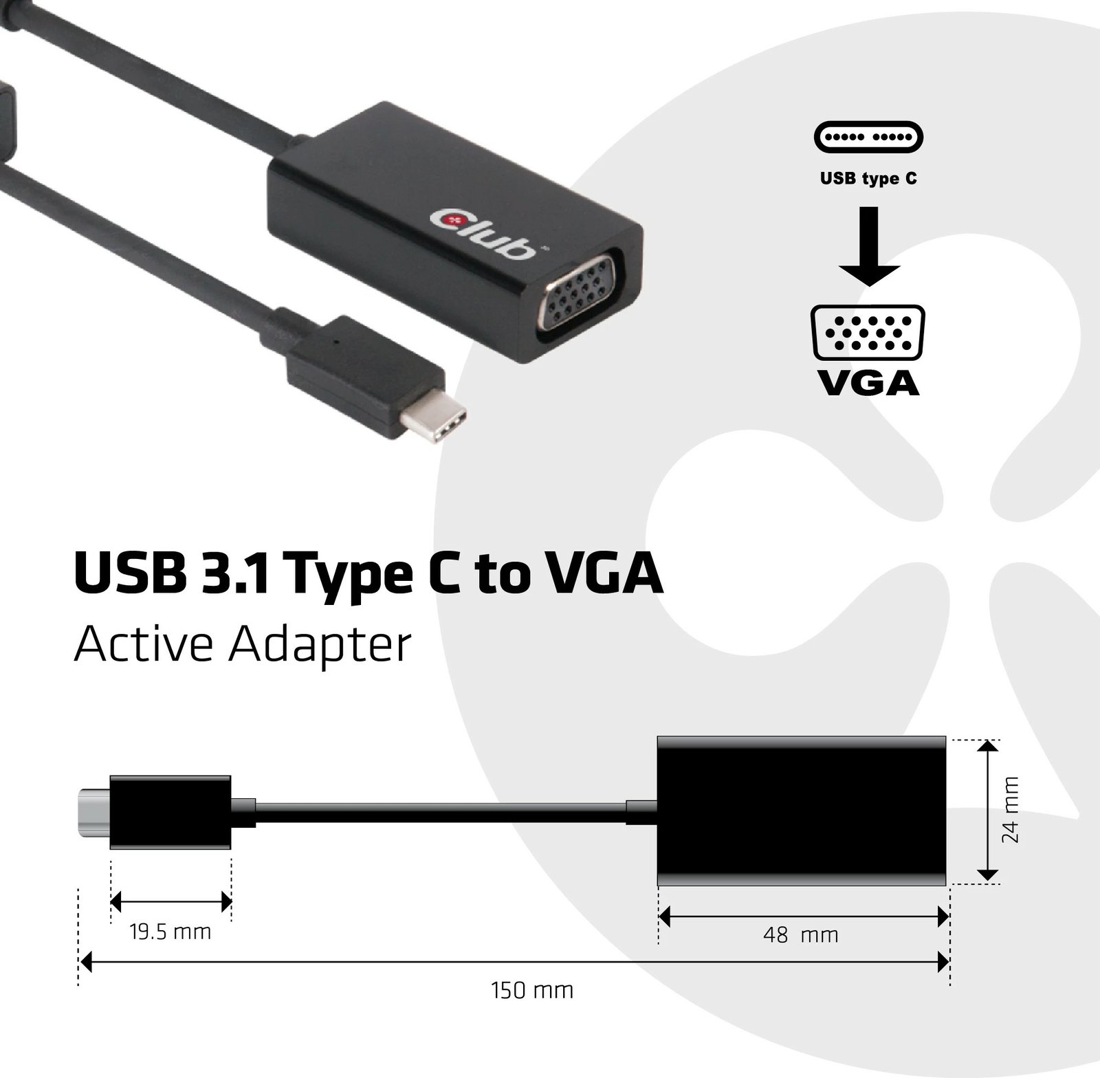 Adapter USB-C në VGA Club 3D, aktiv, 0.15m, i zi