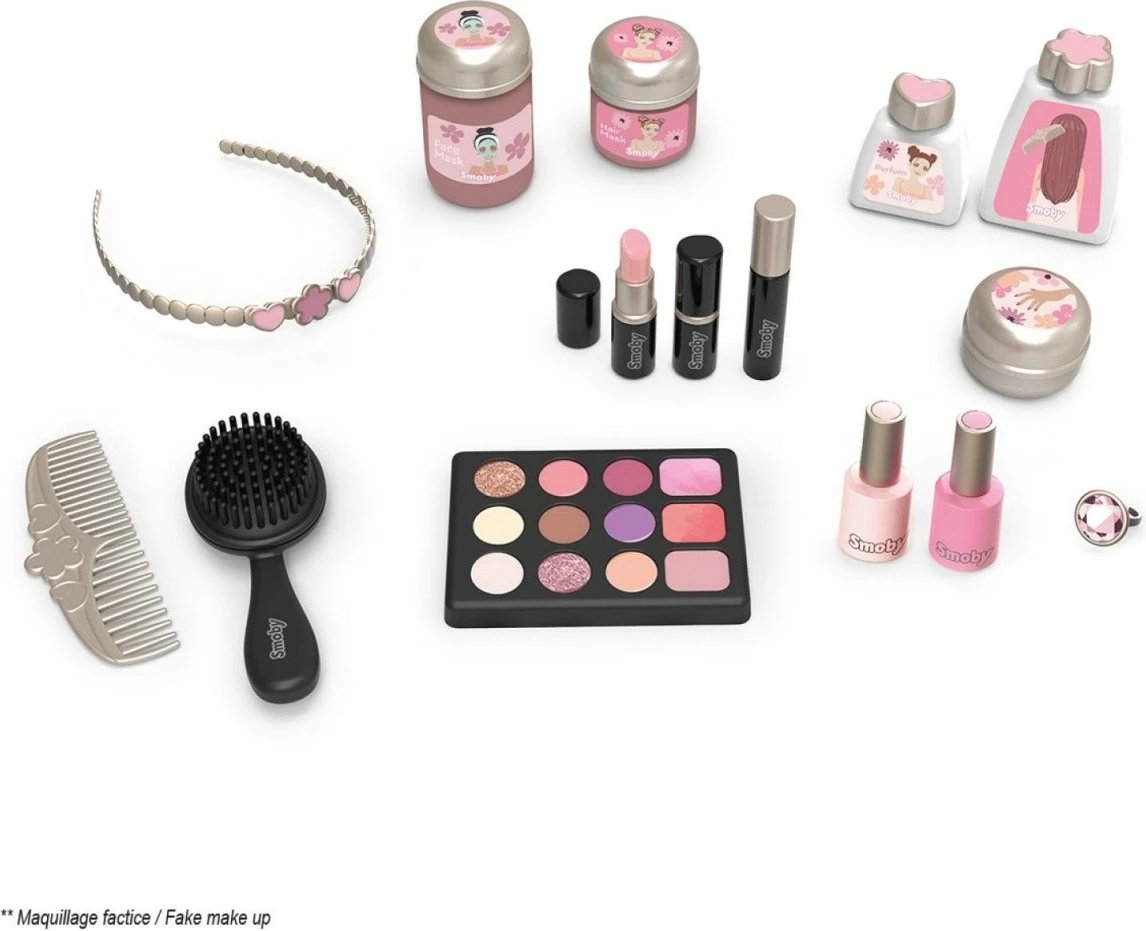 Tavolinë grimi lodër Smoby My Beauty Dressing Table me 15 aksesorë, Rozë/Ari/E bardhë