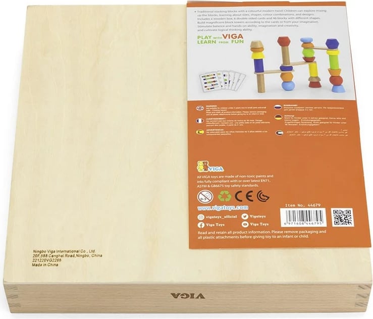 lojë blloqesh druri, Viga Building Towers, 46 copa me 6 karta modeli, kuti ruajtëse druri, shumëngjyrëshe