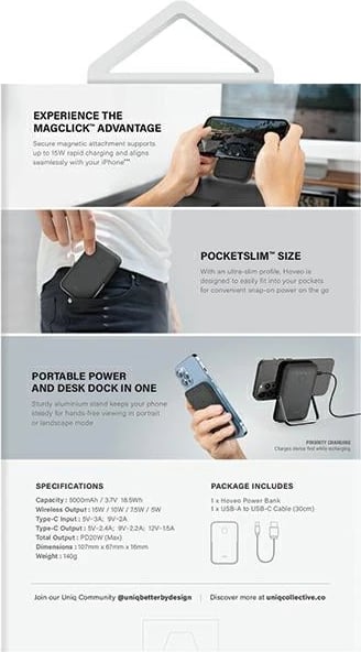 Powerbank UNIQ Hoveo 5000mAh, magnetik, USB-C, rozë