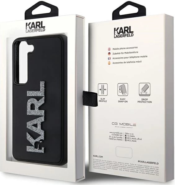 Mbështjellës Karl Lagerfeld 3D Rubber Glitter Logo për Samsung Galaxy S23, i zi