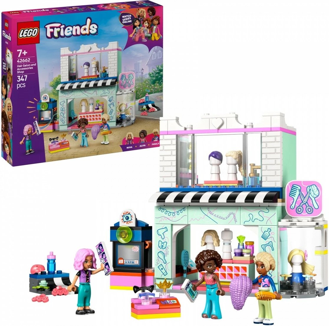 Set lodrash LEGO Friends 42662, Sallon flokësh dhe Dyqan aksesorësh, 347 pjesë, për fëmijë, shumëngjyrësh