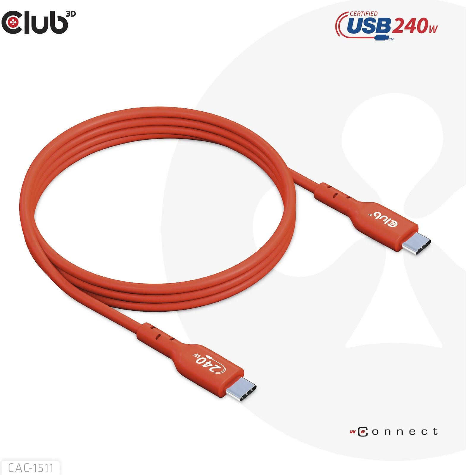 Kabllo USB-C Club3D 4m, 240W, 480Mb/s, e kuqe