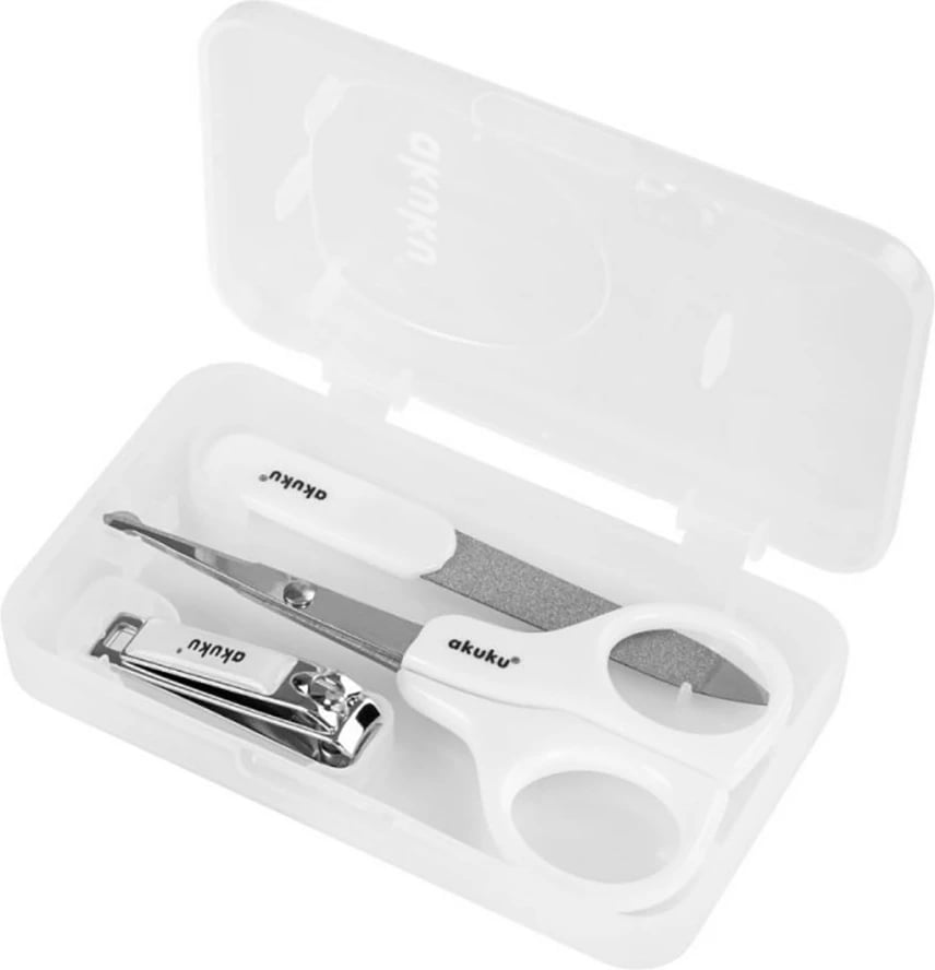 Set manikyr për fëmijë, Akuku, gërshërë me maja të rrumbullakëta, prerëse thonjsh dhe pilë, e bardhë, set