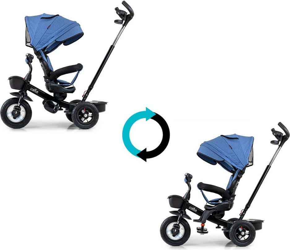 Tricikël me dorezë shtytëse, Milly Mally Movi, sedilje 360°, rrota të fryra, rripa 3‑pikësh, blu