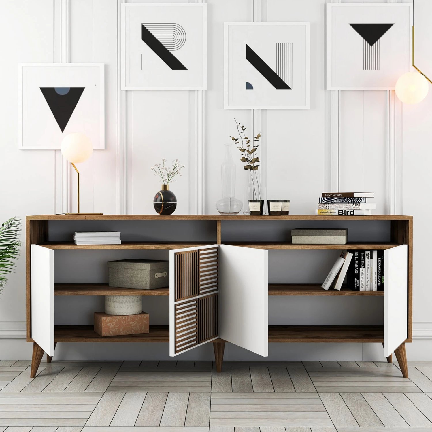 Bufe melamine në ngjyrë arre me dyer të bardha 180x35x78.6Hcm.FH9431.02