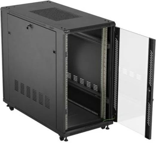 Kabinet rack dysheme 19", Lanberg FF01-6222-12B, 22U, 600x1200 mm, derë xhami, ngarkesë 800 kg, IP20, Flat Pack, e zezë