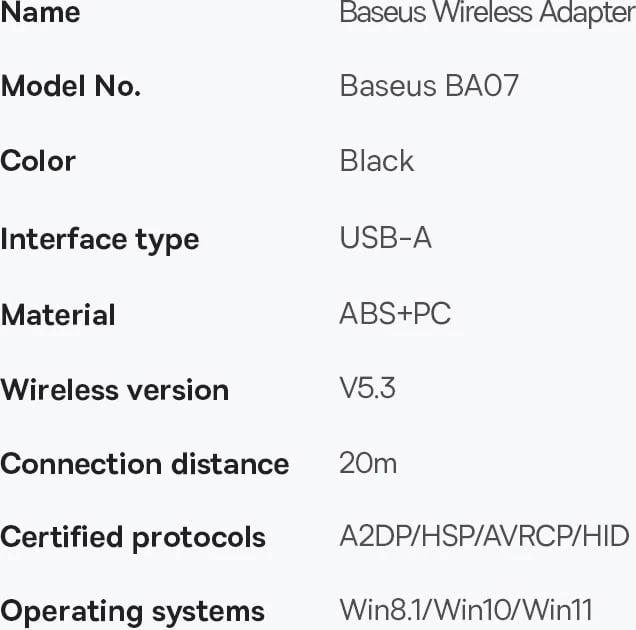Adapter Bluetooth Baseus BA07, USB-A, Bluetooth 5.3, i zi Adapter Bluetooth Baseus BA07, USB-A, Bluetooth 5.3, i zi
