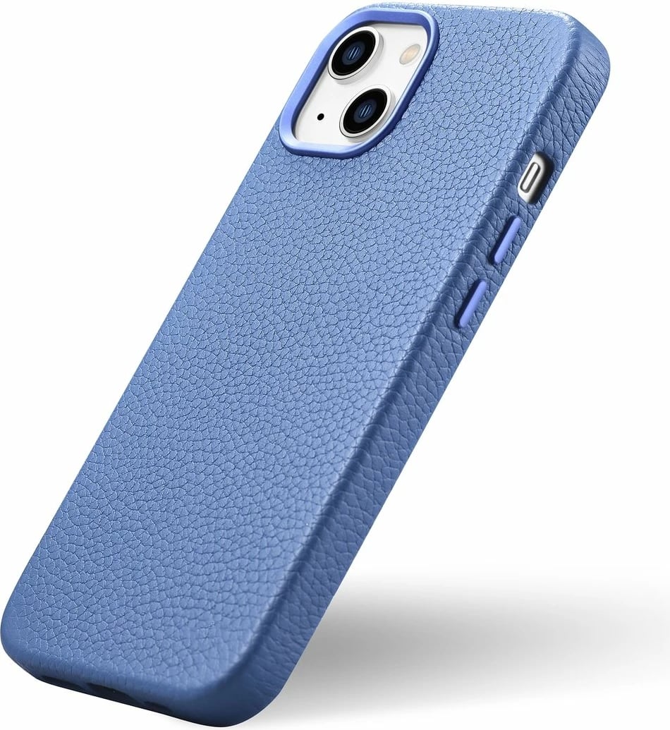 Mbështjellës iCarer Litchi Premium për iPhone 14, lëkurë natyrale, MagSafe, Kaltër e lehtë