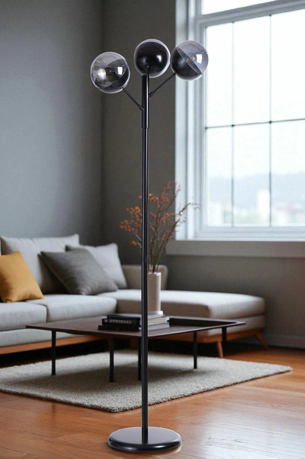 Llambë dyshemeje Opviq, 8948-3, metal dhe xham, gri e zezë, 163cm