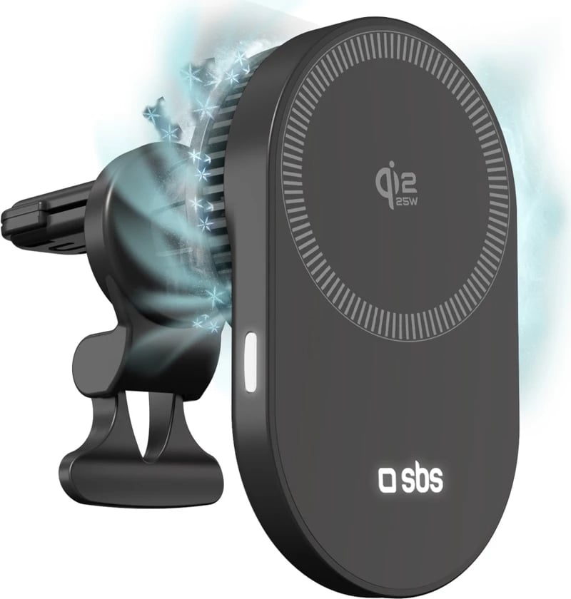 Mbajtës magnetik për veturë me karikues wireless Qi2 25W, SBS, Magnetic Qi2 25W, ftohje aktive, montim te grilat e ajrit, USB‑C, i zi