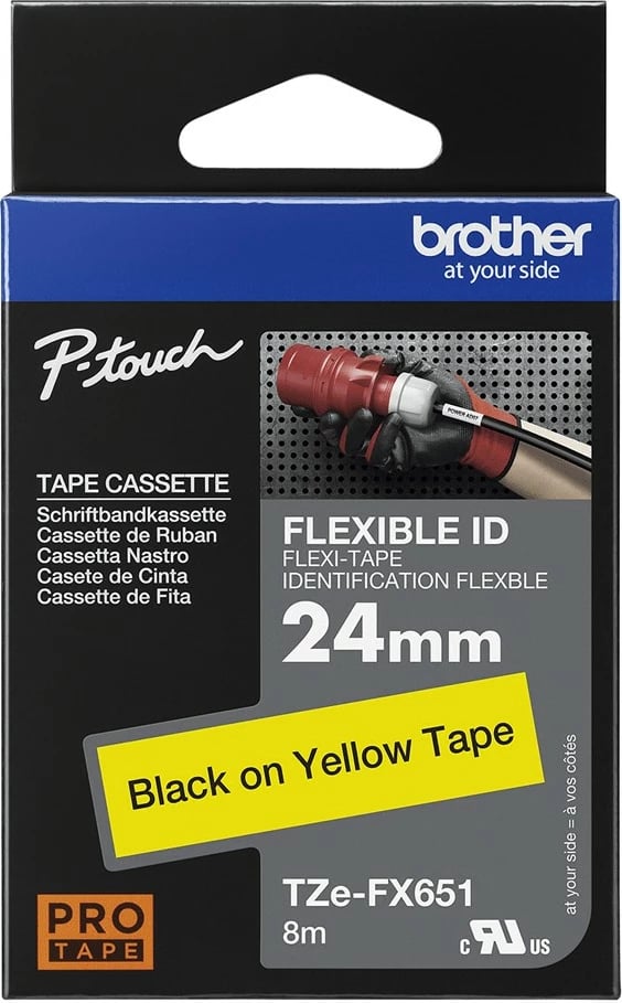 Letër ngjitëse Brother TZE-FX651, e zezë në të verdhë, 8m, 2.4cm