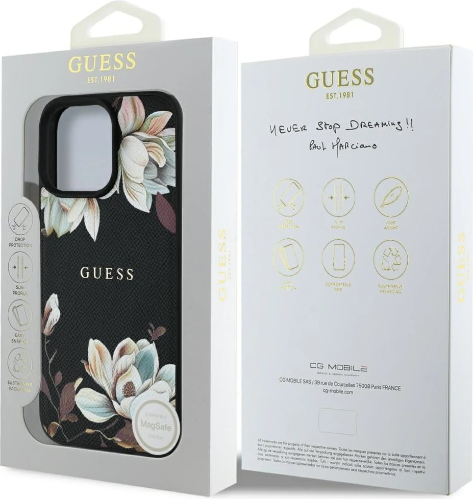 Mbështjellës MagSafe Guess Grained Printed Flower Pattern për iPhone 16 Pro Max 6.9", TPU/PC/eko-lëkurë, motiv lulesh, black