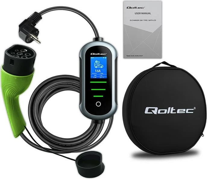 Karikues mobil EV, Qoltec, 52435, Type 2, 3.5kW 230V, Wi‑Fi TUYA Smart Life, LCD, kabllo 5m, zi