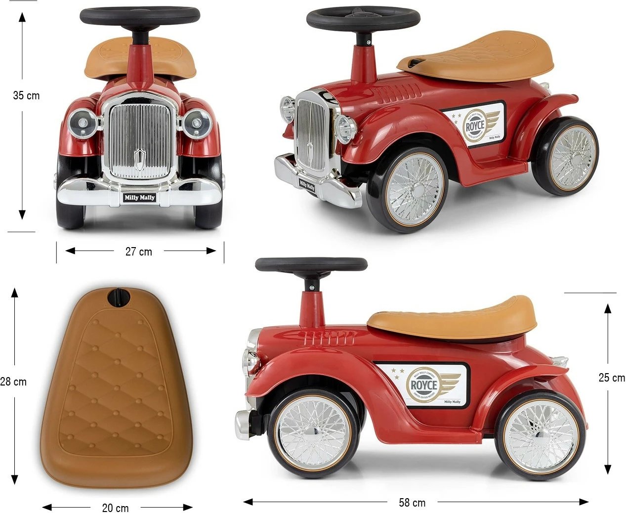 makinë shtytëse, Milly Mally Royce 6744, 12-36 muaj, 4 rrota EVA, ndarje poshtë sediljes, Burgundy