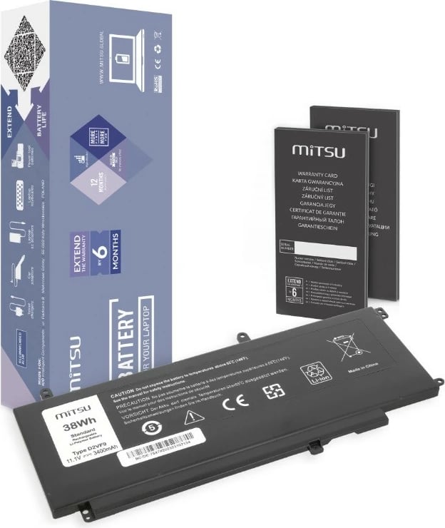 Bateri laptop Mitsu BC/DE-7547 për Dell Vostro 14 5459, Inspiron 15 7547, 3400 mAh, 38 Wh, 11.1V, e zezë
