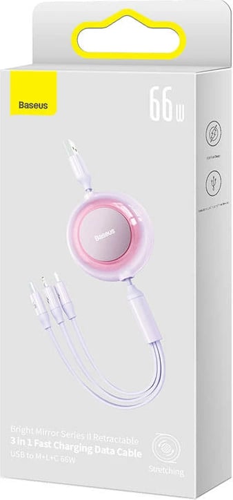 Kabllo 3-në-1 Baseus Bright Mirror, 1.1m, 66W, USB-C/Lightning/Micro USB, vjollcë Kabllo 3-në-1 Baseus Bright Mirror, 1.1m, 66W, USB-C/Lightning/Micro USB, vjollcë
