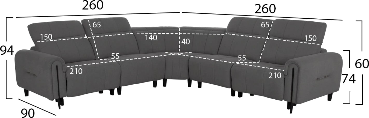 Këndore me 5 pjesë, 2 ulëse me recliner elektrik, ngjyrë gri, ORACLE FH3290.01, 293x293x98cm