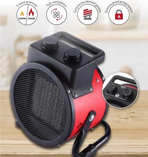 Ngrohës me ventilator qeramik, Camry CR 7743, 2400W, 2 nivele 1000/2400W, termostat, kënd fryrjeje vertikale 90°, i kuq