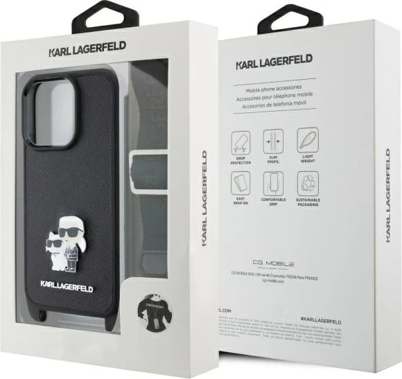 Mbështjellës Karl Lagerfeld Saffiano Karl&Choupette me rrip, për iPhone 16 Pro, i zi