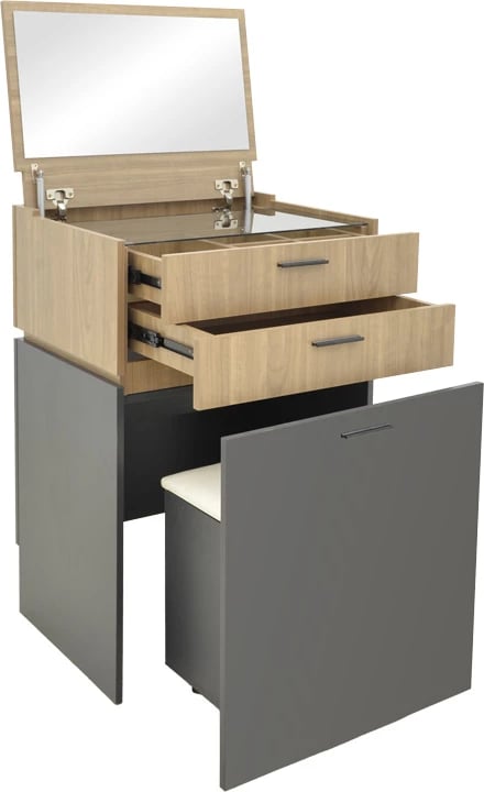 Tavolinë grimi Sonlen, ngjyrë gri e errët-dru arre i çelët, me pasqyrë dhe stol, 60x45x122cm