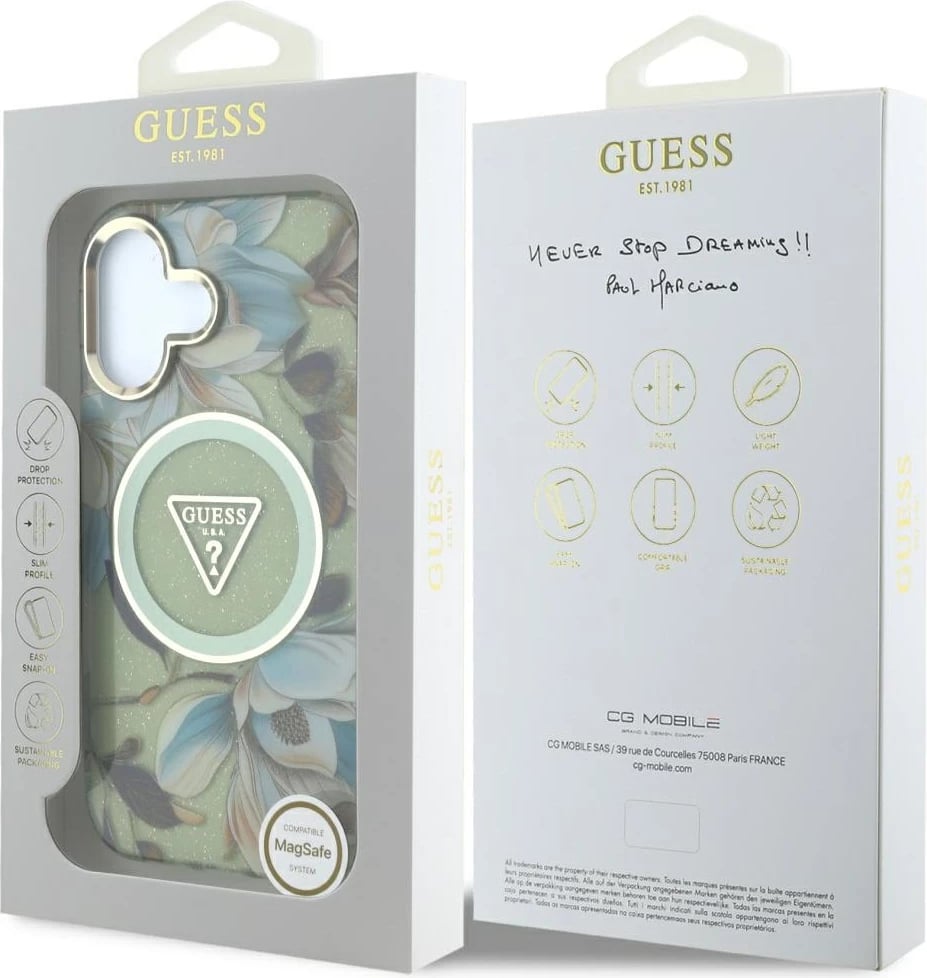 Mbështjellës Guess Glitter Flowers Triangle Buttons MagSafe për iPhone 16, Gjelbër