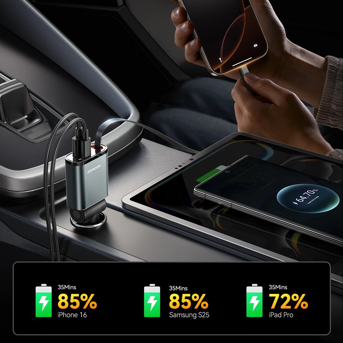 Karikues makine Joyroom JR-CCL07 3-në-1 me kabllo tërheqëse, 30W, Gri e errët