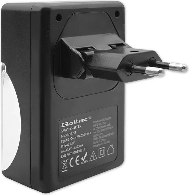 Karikues baterish Qoltec 50653 për Ni-MH R03/AAA R6/AA, Zi