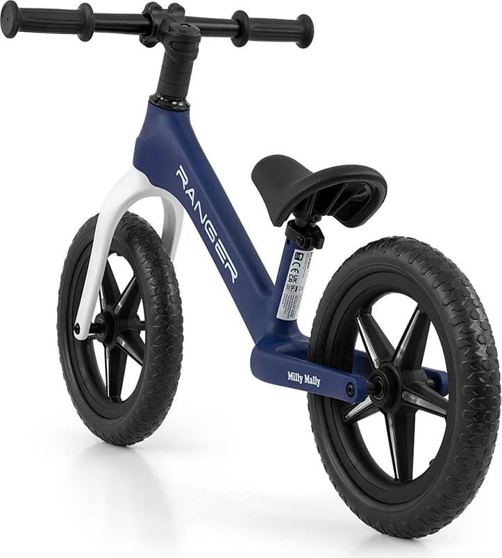 biçikletë pa pedale, Milly Mally Ranger Flash, 12", kornizë kompozite, goma EVA me LED, sedile e rregullueshme, blue navy