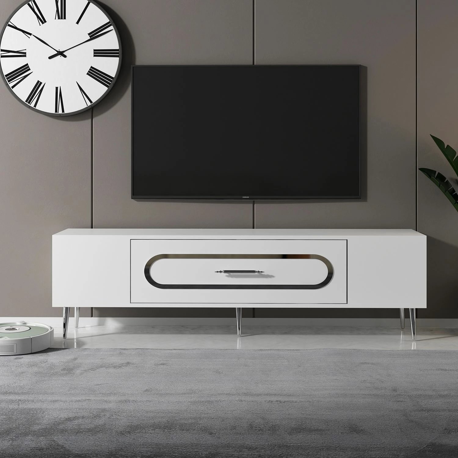 Komodë TV Skye Decor, e bardhë, argjend