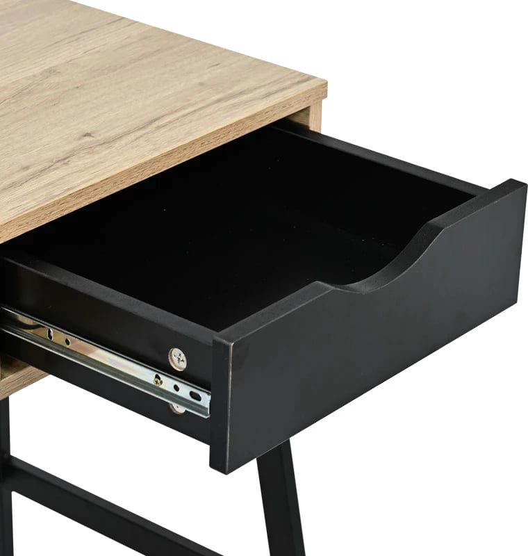 Tavolinë zyre me raft dhe sirtar Rezio, ngjyrë lisi, këmbë metalike të zeza, 75x45x76cm