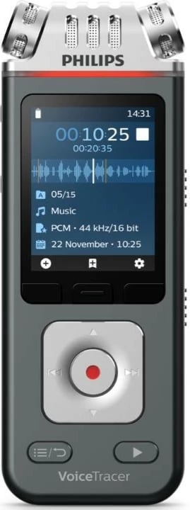 Dyktafon Philips VoiceTracer DVT8115, 8GB, mikrofon 360°, microSDHC 32GB, Zi/Argjendtë