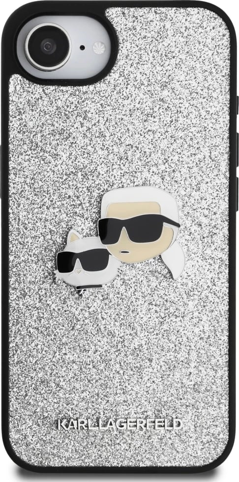 Mbështjellës Karl Lagerfeld Fixed Glitter Ikonik Metal Pin për iPhone 16e, argjendtë