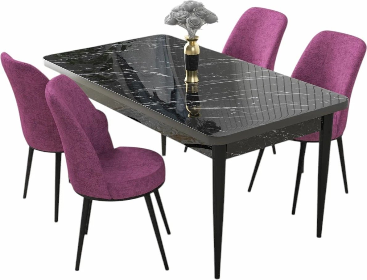 Tavolinë me karrige, 5 copë, Skye Decor, mermer i zi, karrige të purpurta