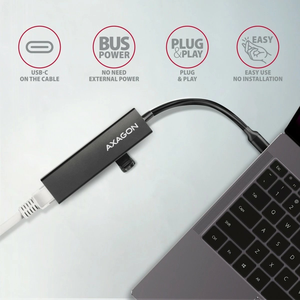 Multiport USB hub AXAGON HMC-GL3A, 3x USB-A 3.0, GLAN, kabllo USB-C 20cm, i zi