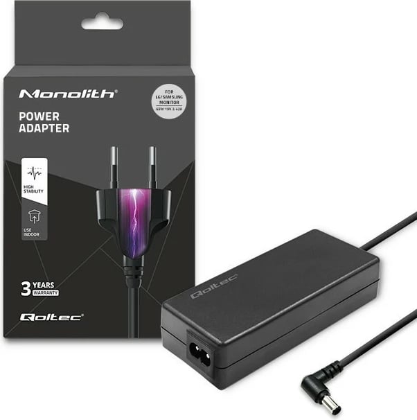Furnizues energjie Qoltec 51029 për monitor LG/Samsung, 65W, 19V, 3.42A, 6.5x4.4 mm, me kabllo, zi