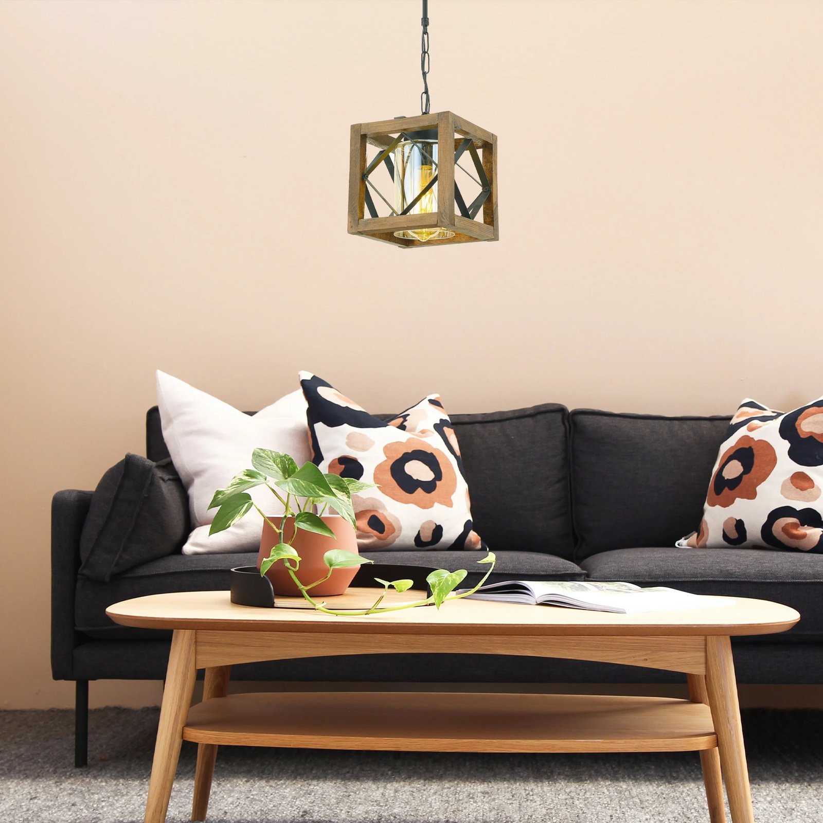 Llambë tavani Opviq, dru panje, xham zigzag, ngjyrë arre dhe e zezë