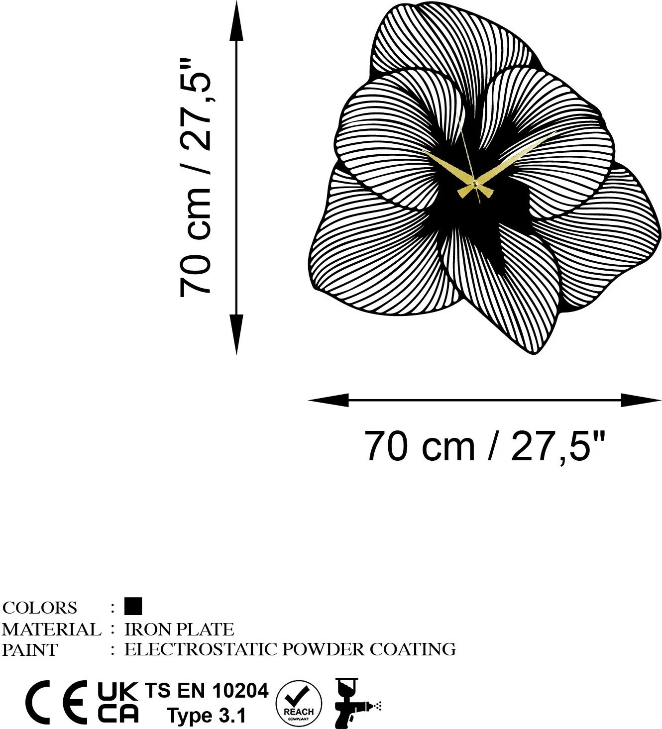 Orë muri dekorative prej metali, Wallity Aprire, e zezë, 70x70cm