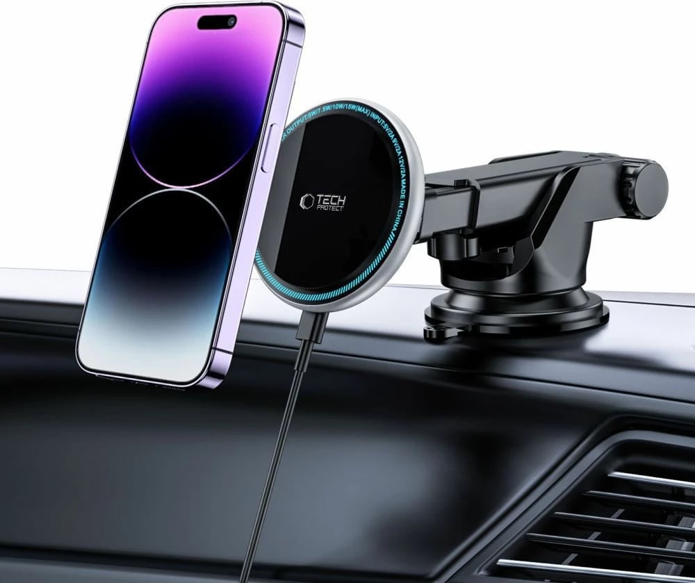Mbajtës magnetik për celular me karikues wireless Tech-Protect A2, 15W, për kokpit, i zi