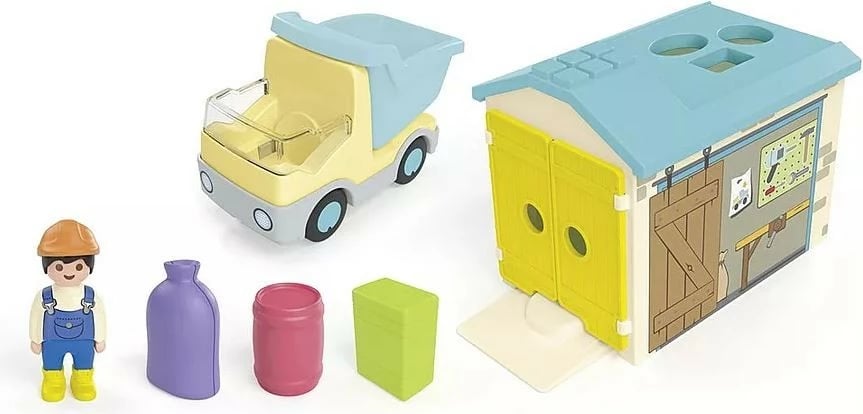 Set figurina Playmobil Junior 71686, kamion me garazh dhe panel për ndarje formash, plastikë, 9 pjesë