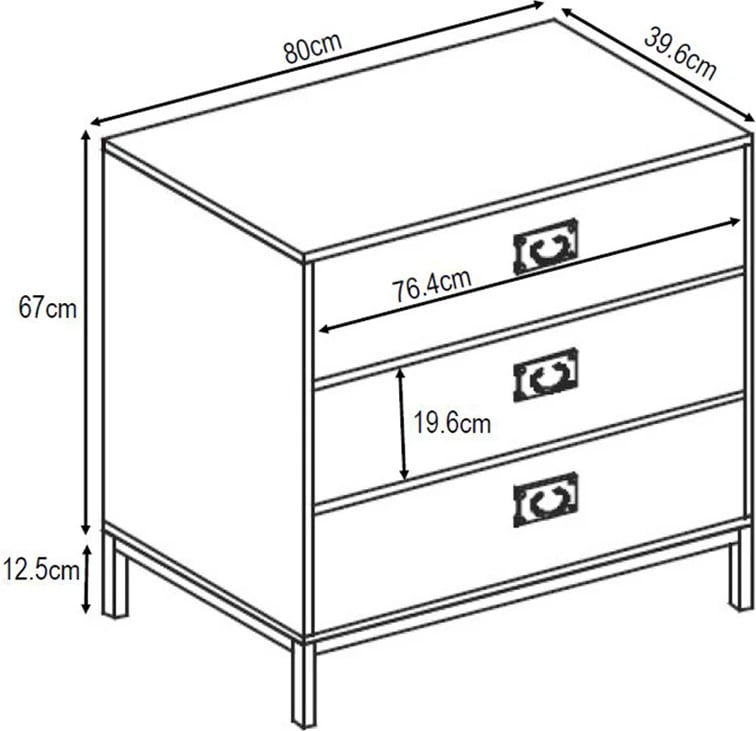Komodë Rubik me 3 sirtarë, ngjyrë cement e çelët me dizajn, 80x40x80