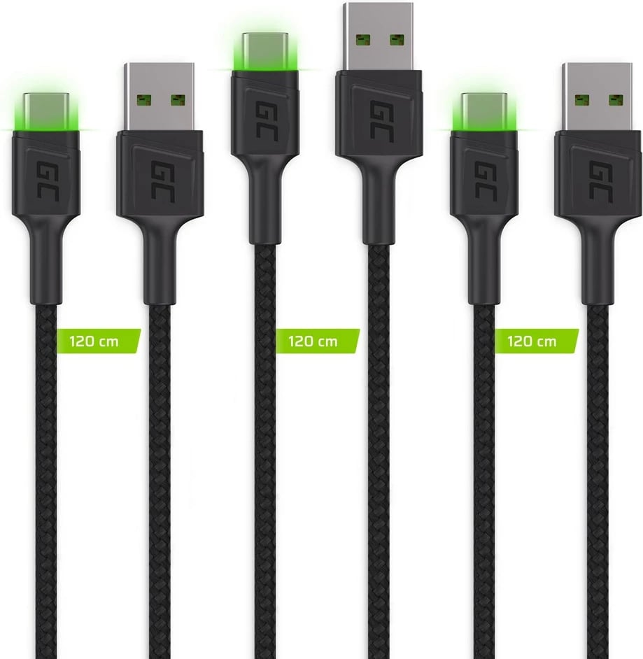 Kabllo USB Green Cell KABGCSET03, 2 m, USB A në USB C, 3 copë, E zezë