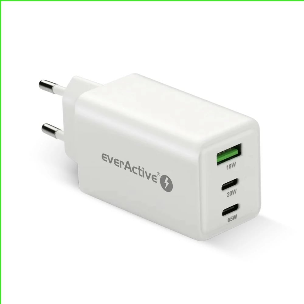 Karikues muri GaN, everActive SC-655Q, 65W, 1x USB + 2x USB-C, PD/PPS/QC4+, i bardhë